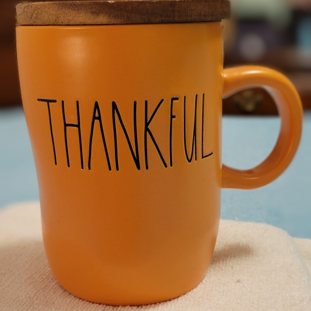 Rae Dunn Thankful Mug with Stay Warm Wooden Lid - Orange 5 In NWOT